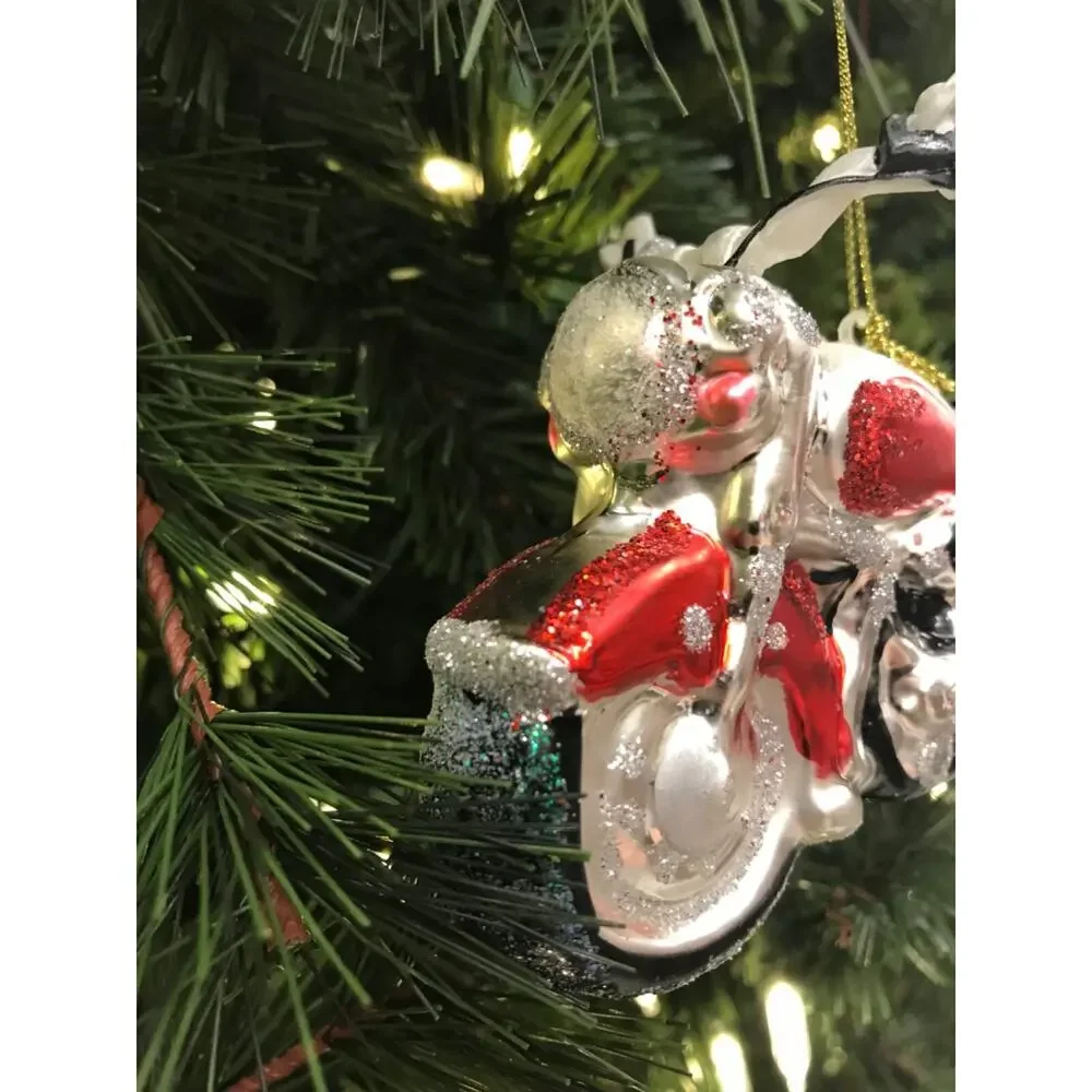 Motorcycle Ornament Glass Red Silver Christmas Tree‎ Biker Enthusiasts